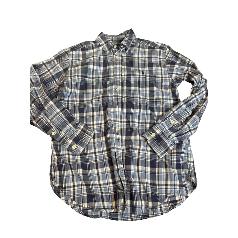 Ralph Lauren Shirt Boys Medium 10-12 Blue Plaid Long Sleeve Button Down Collared